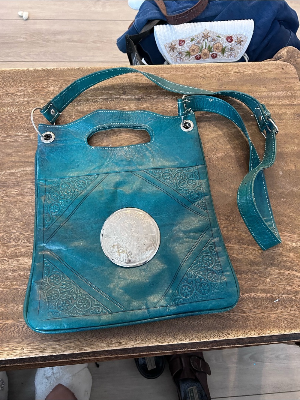 Teal Embossed Leather Handbag Silver Medallion Boho Western Purse Crossbody Bag